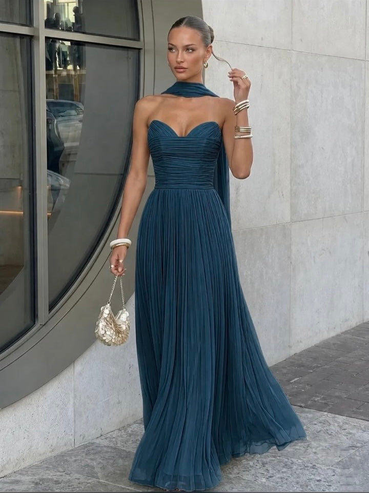 Petrol Valentina Pleated Maxi Dress
