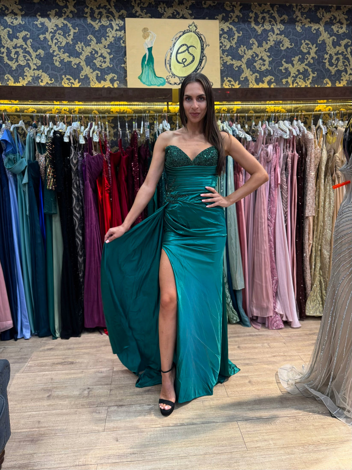 Emerald Bianca Embellished Satin Dress