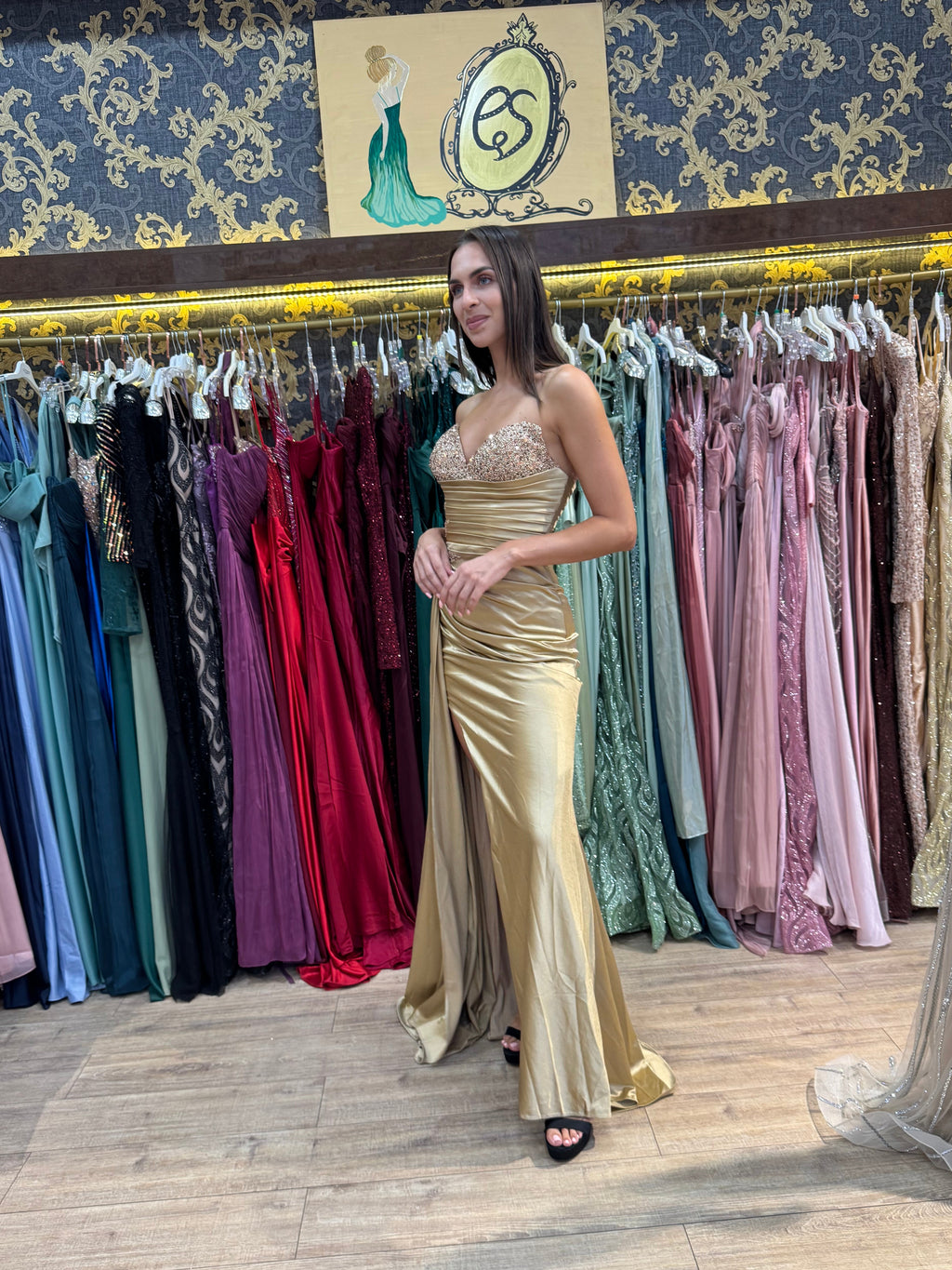 Gold Bianca Embellished Satin Dress