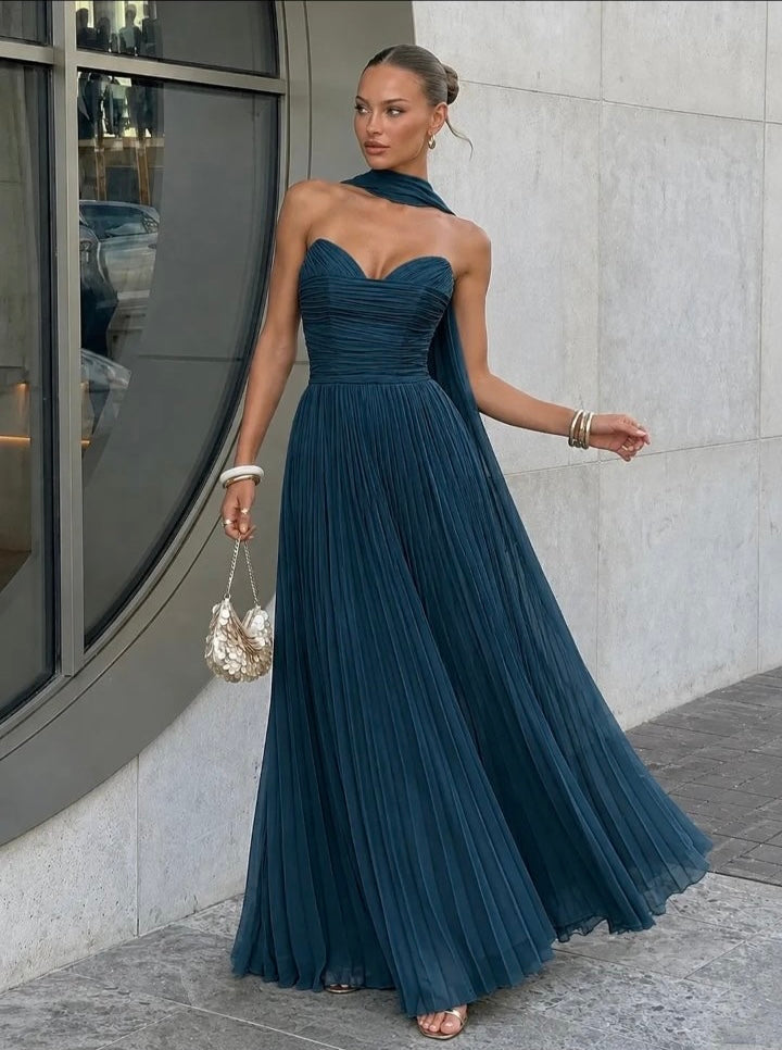 Blue Valentina Pleated Maxi Dress