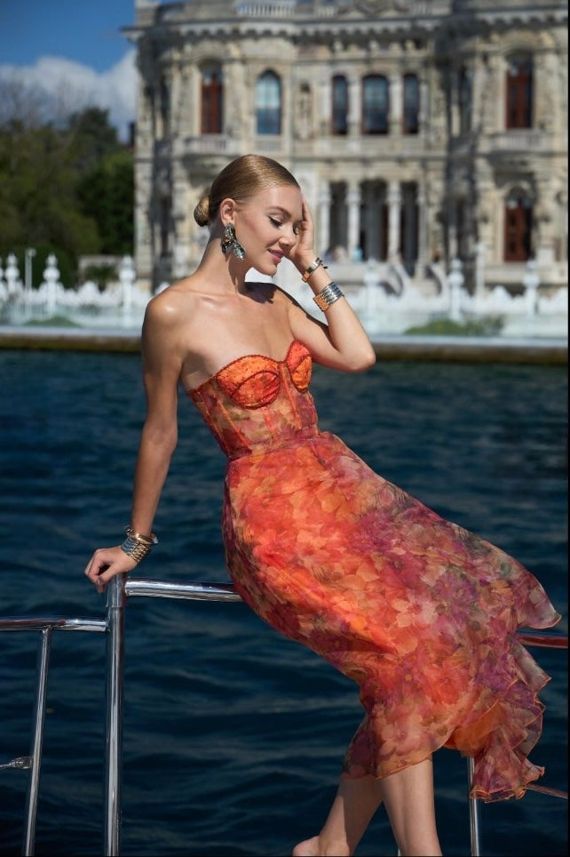 Orange Fiorella Floral Corset Dress