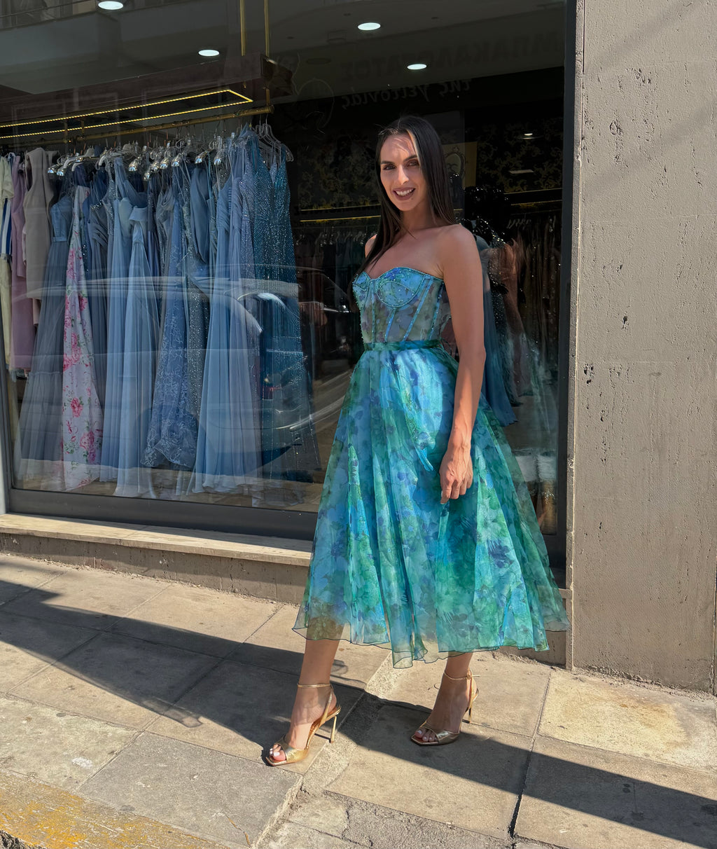 Blue Fiorella Floral Corset Dress