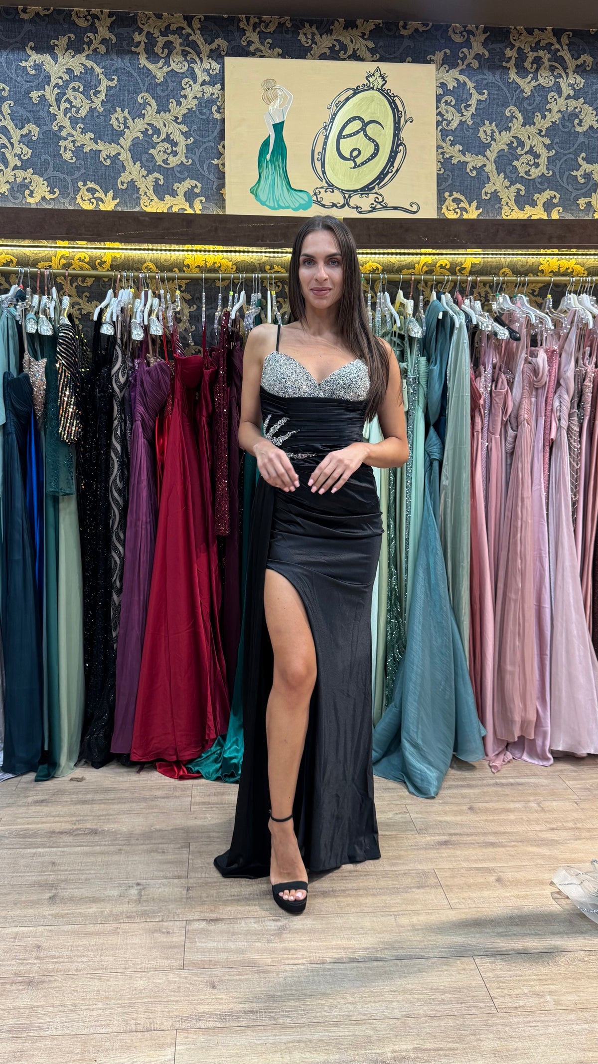Black Bianca Embellished Satin Dress