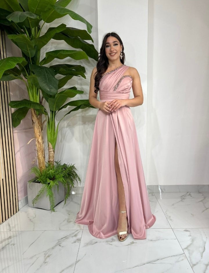 Pink Aurora One Shoulder Satin Dress