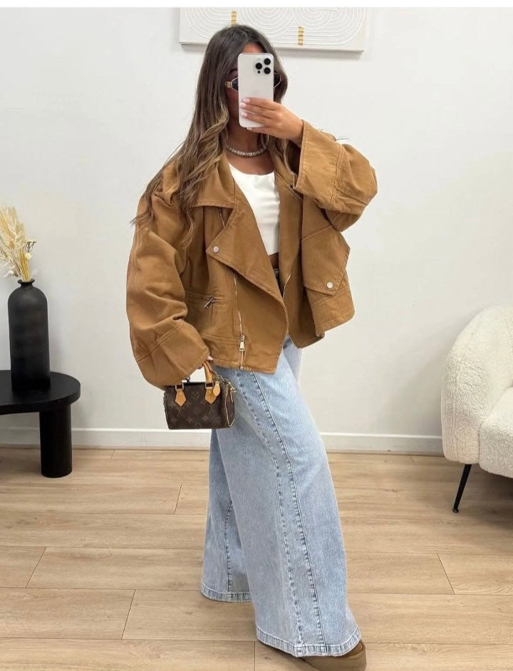 Camel Biker Denim Jacket