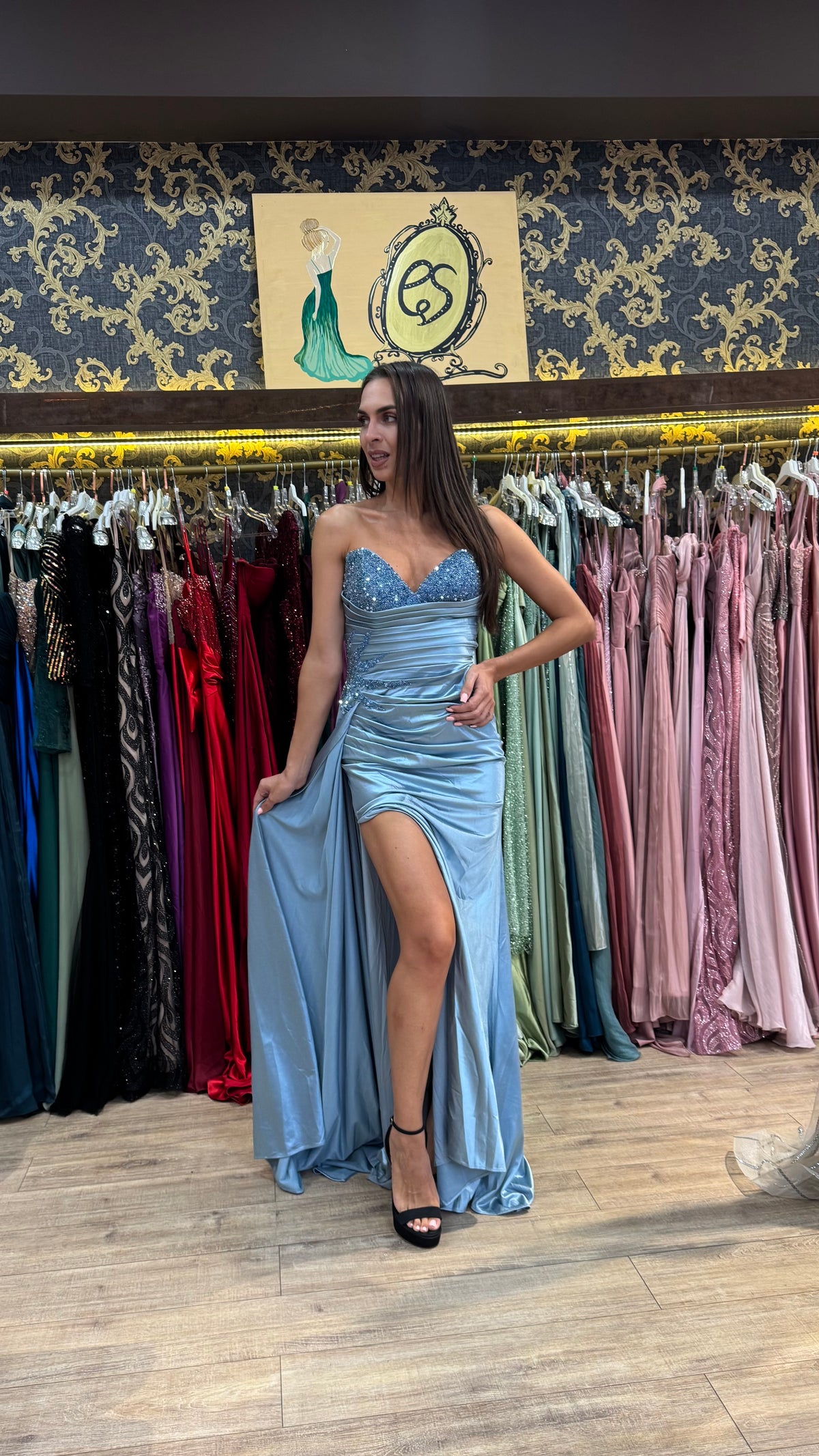 Sky Blue Bianca Embellished Satin Dress