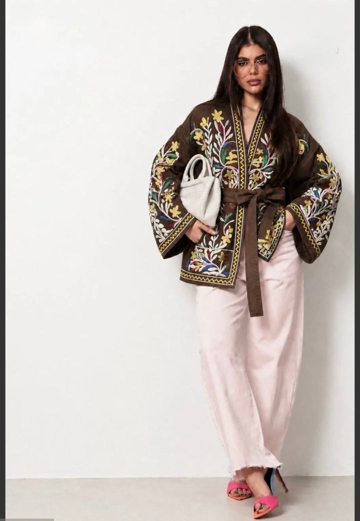 Chocolate Sahara Embroidered Denim Jacket