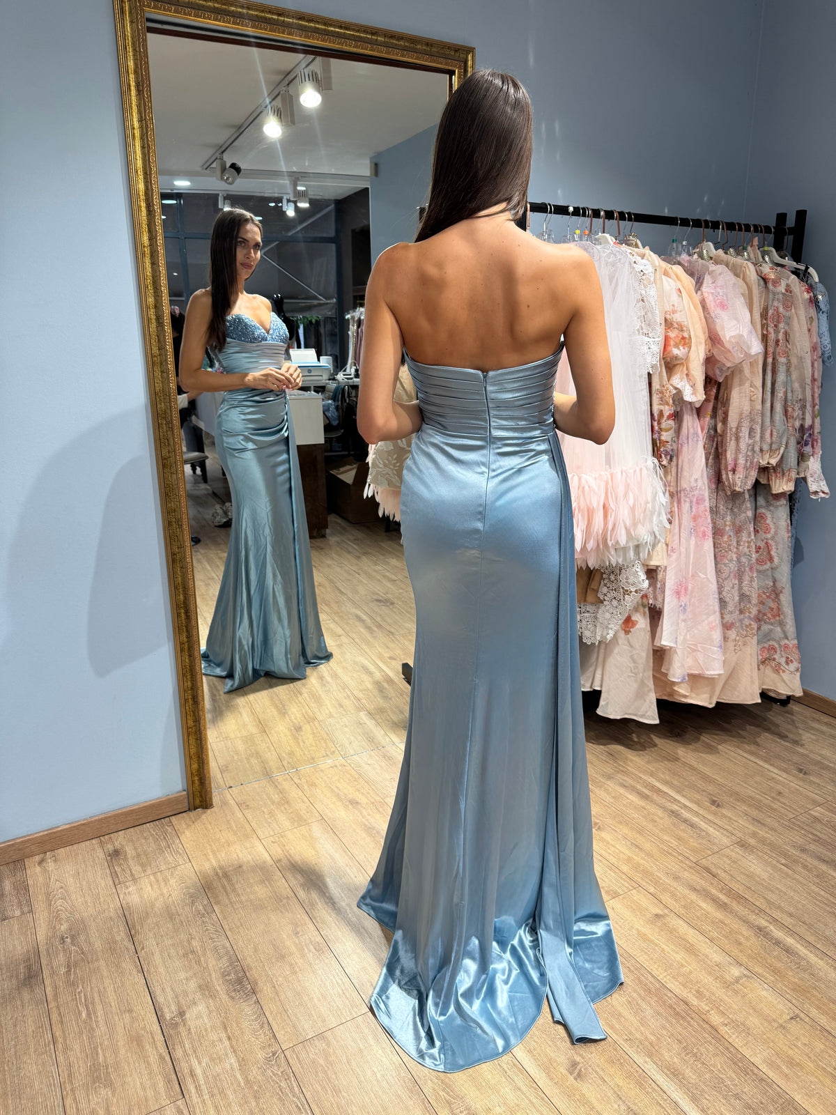 Sky Blue Bianca Embellished Satin Dress