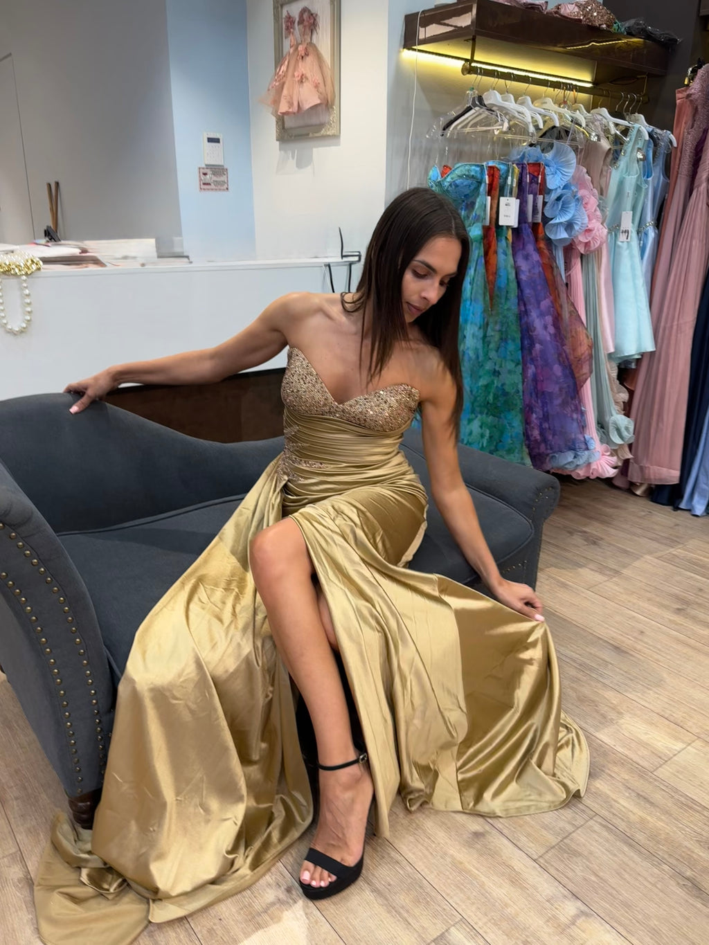 Gold Bianca Embellished Satin Dress