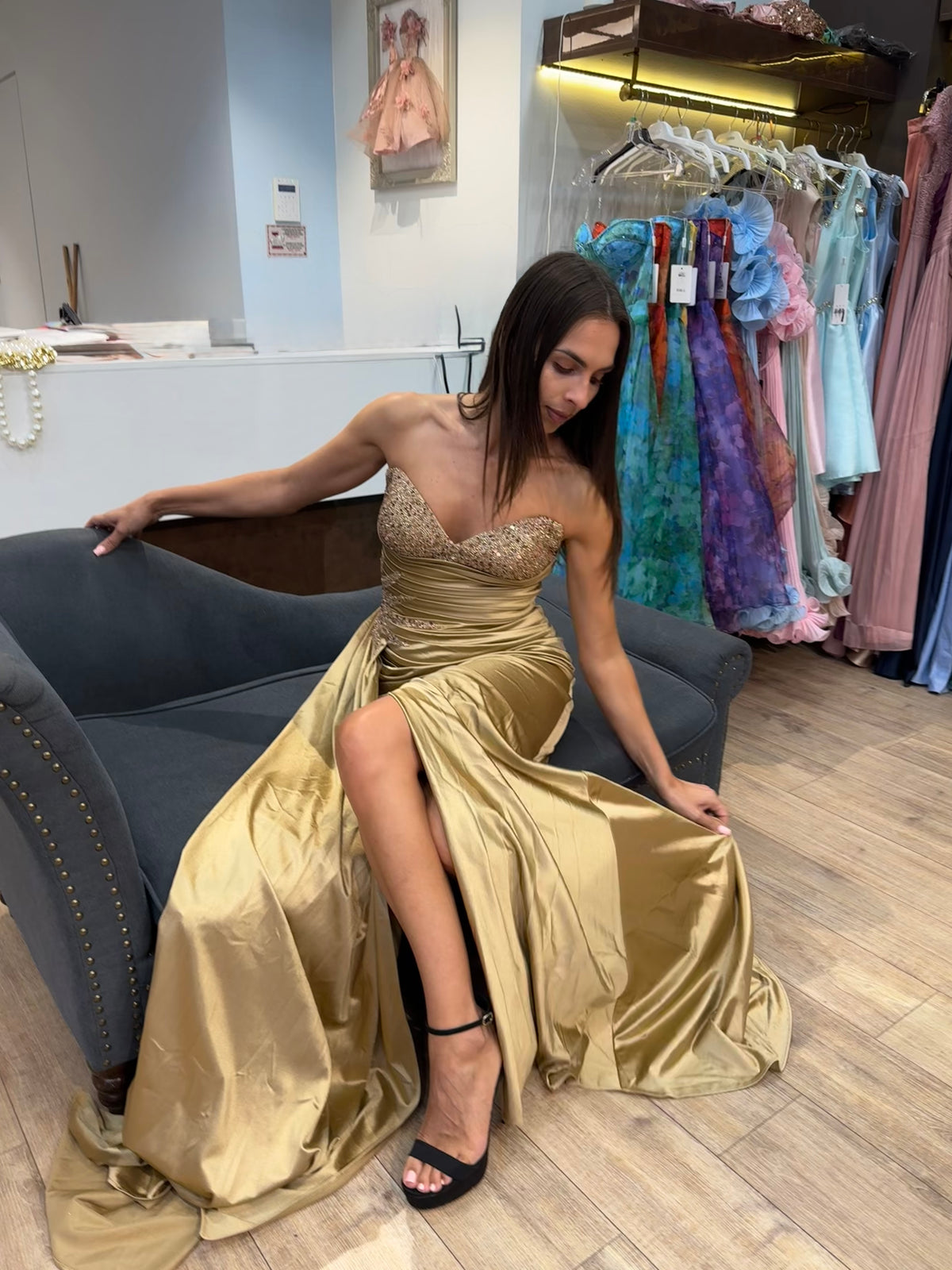 Gold Bianca Embellished Satin Dress