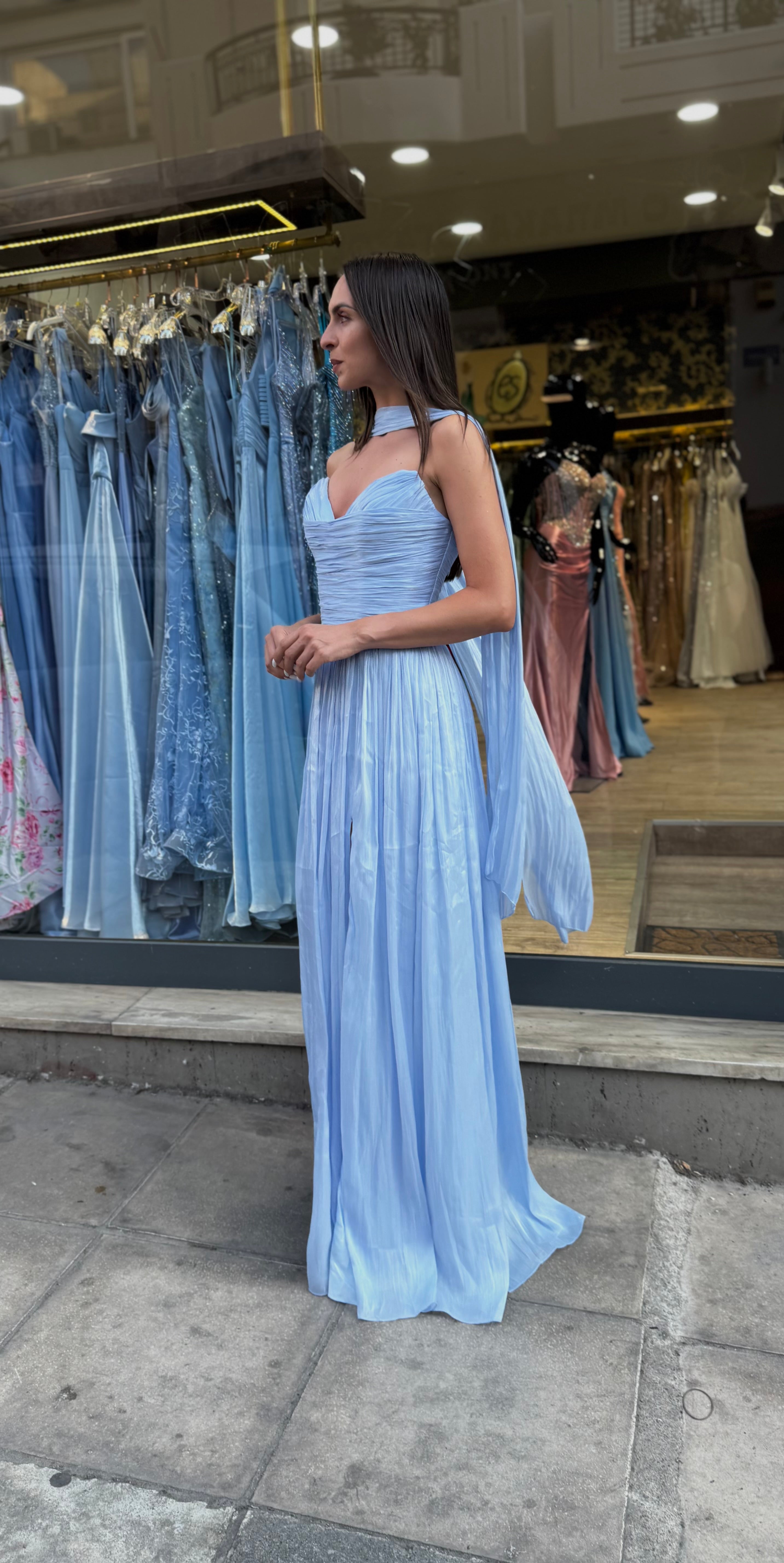 Blue Valentina Pleated Maxi Dress