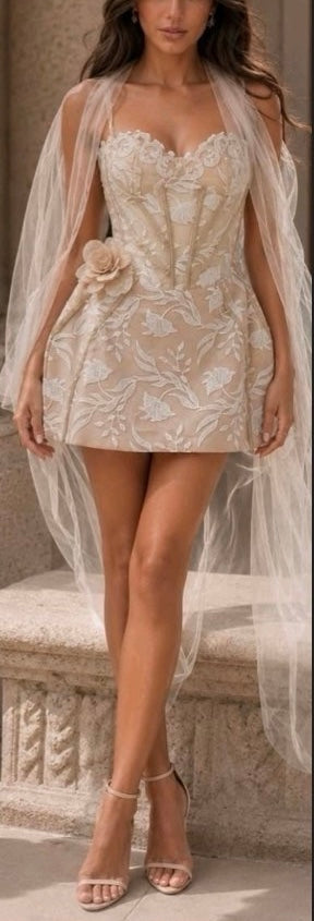 Monaco Embroidered Mini Dress – Nude/White