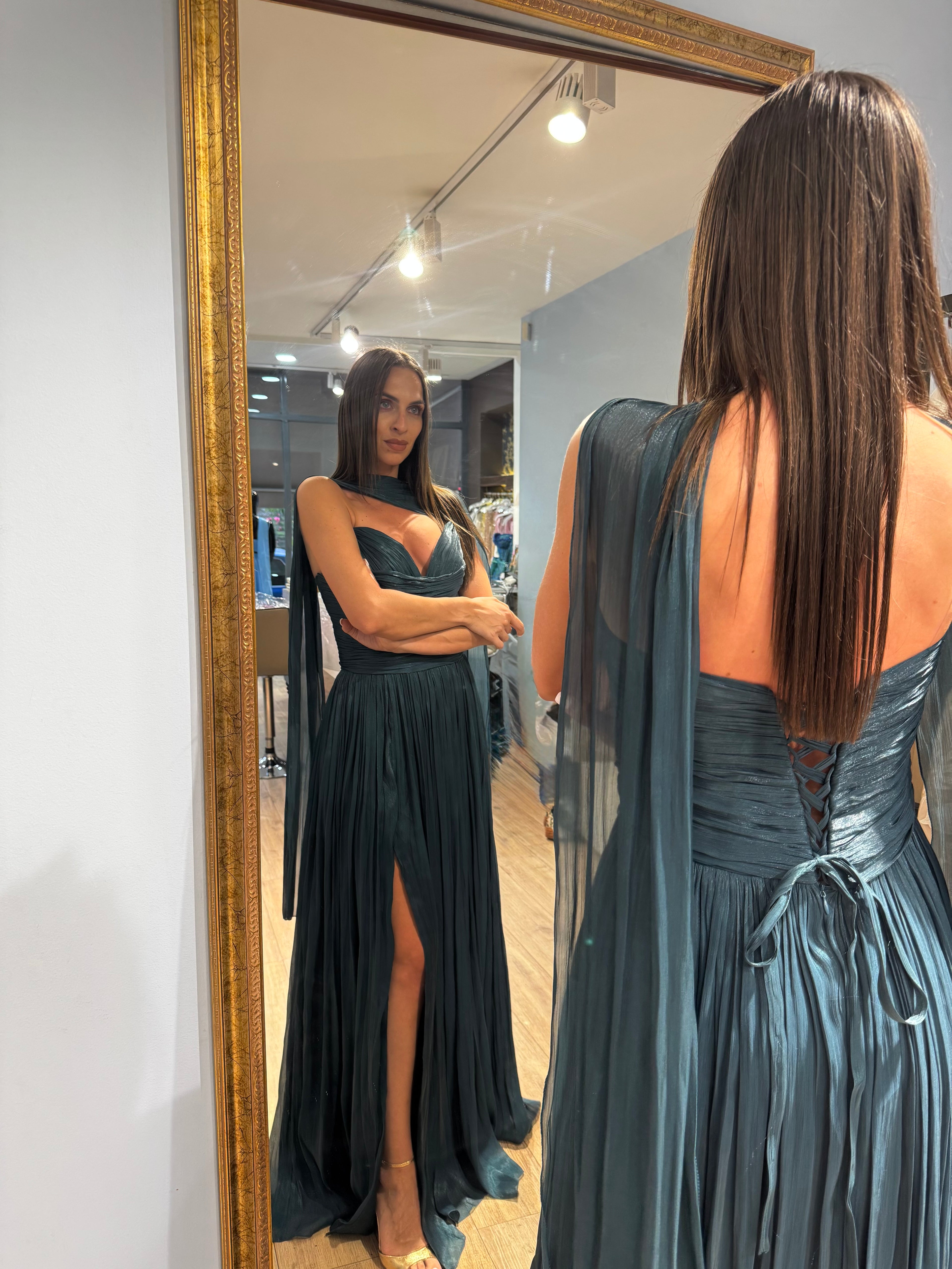 Petrol Valentina Pleated Maxi Dress