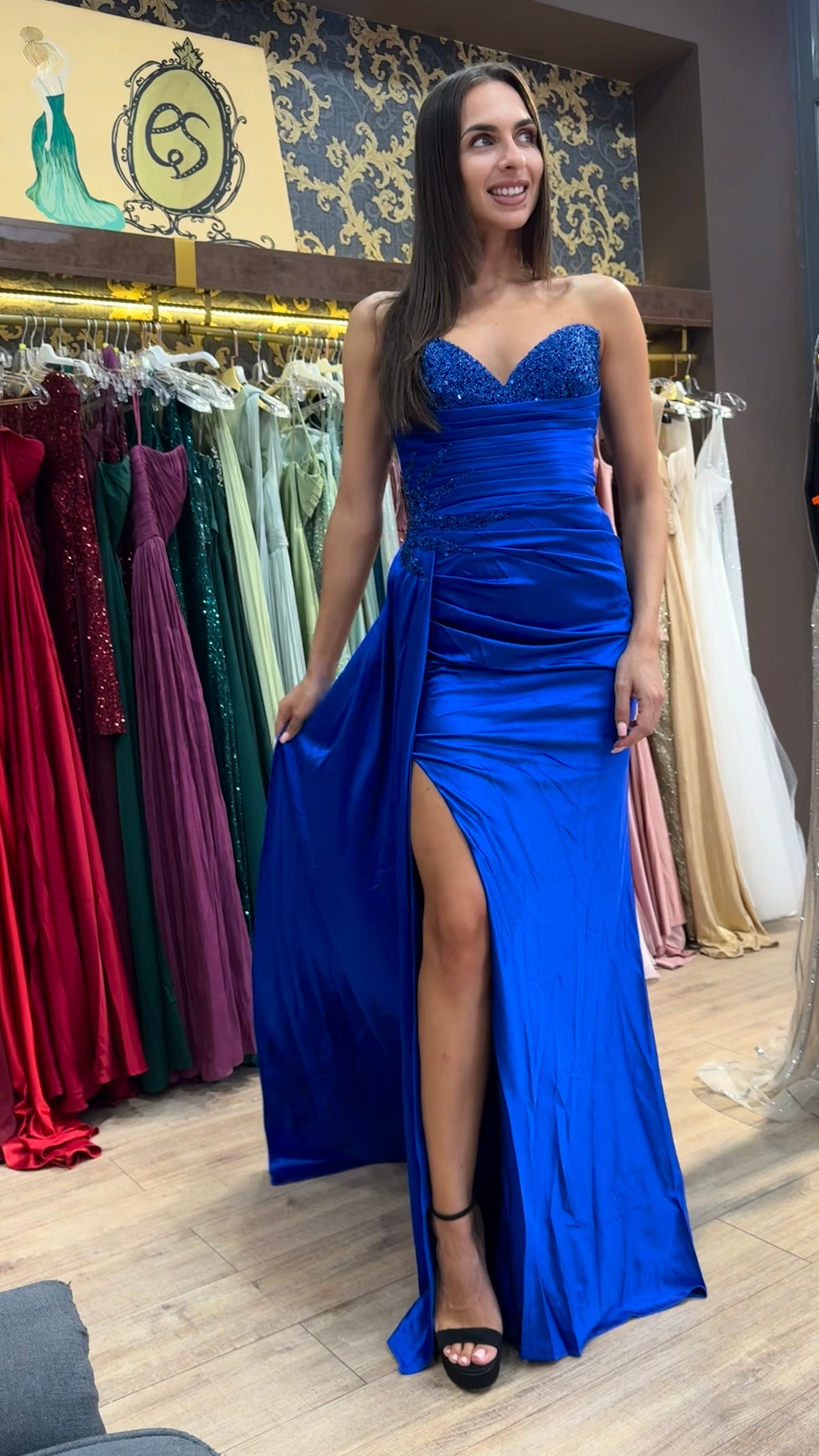 Royal Blue Bianca Embellished Satin Dress
