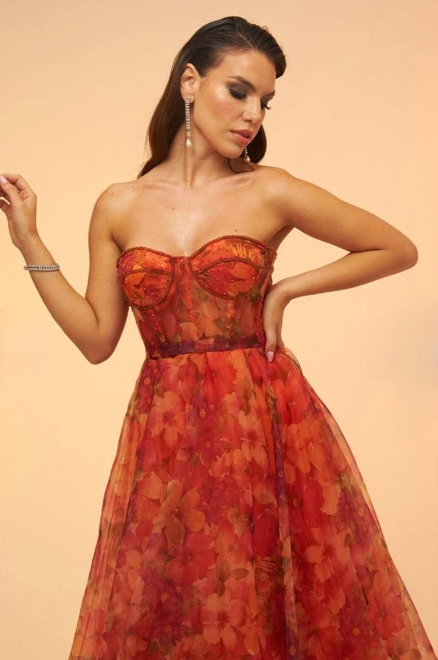 Orange Fiorella Floral Corset Dress