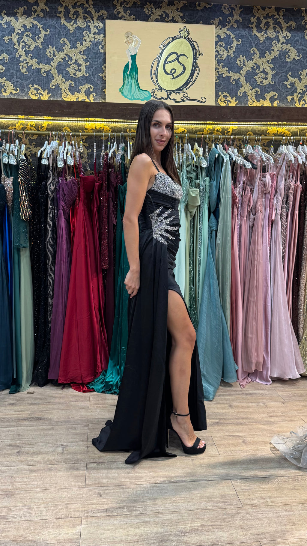 Black Bianca Embellished Satin Dress