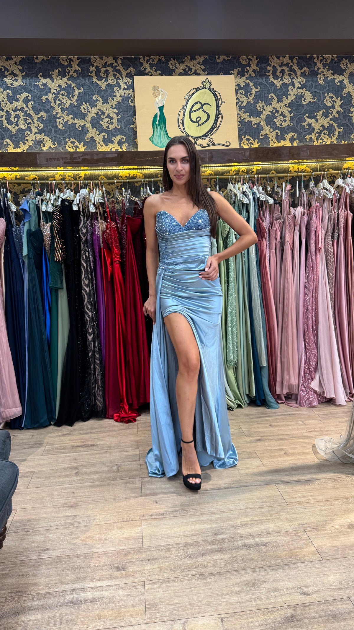 Sky Blue Bianca Embellished Satin Dress