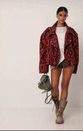 Red Printed Denim Biker Jacket