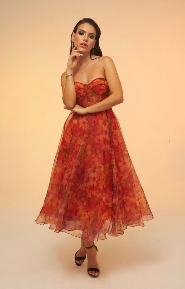 Orange Fiorella Floral Corset Dress