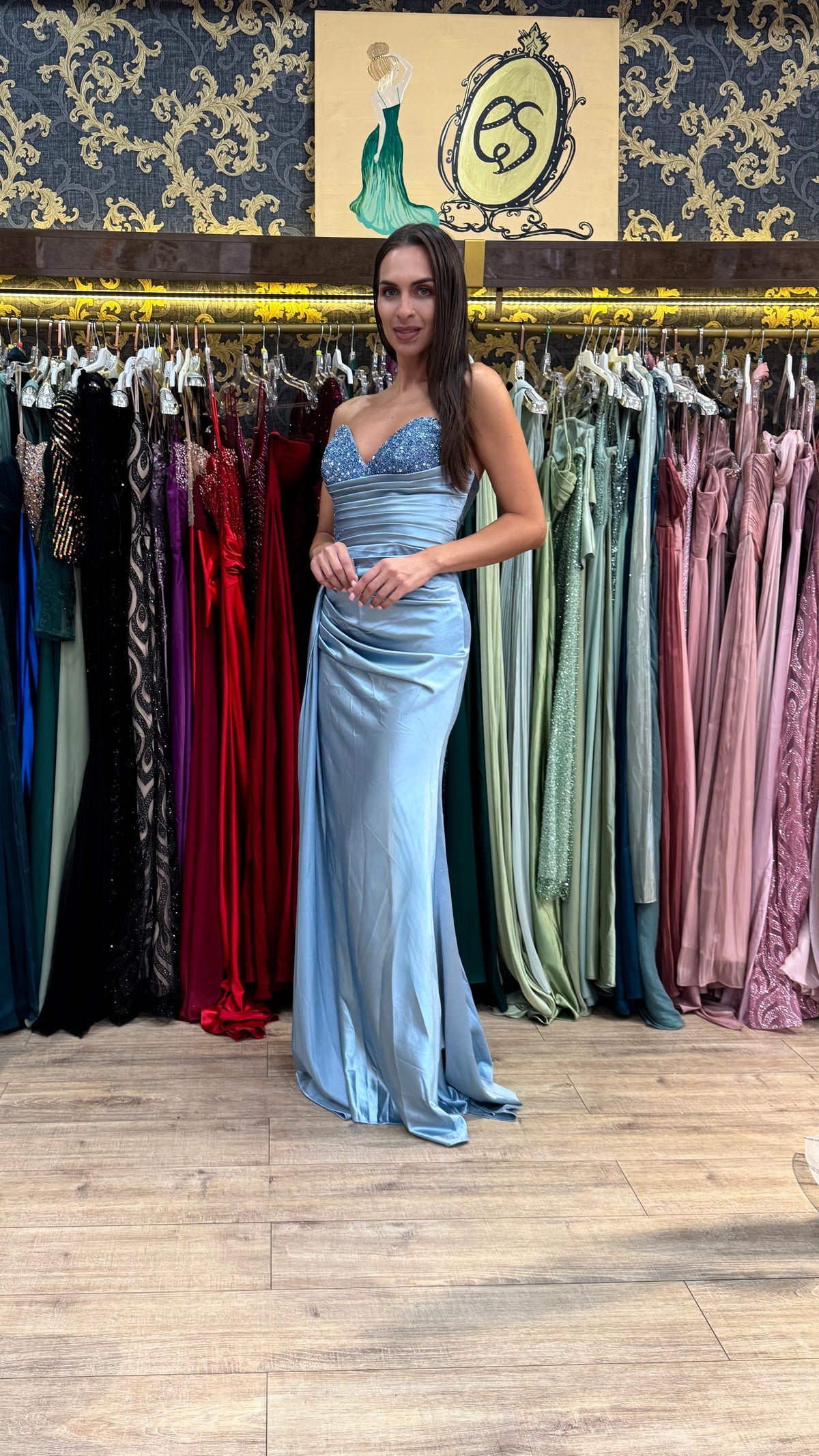 Sky Blue Bianca Embellished Satin Dress