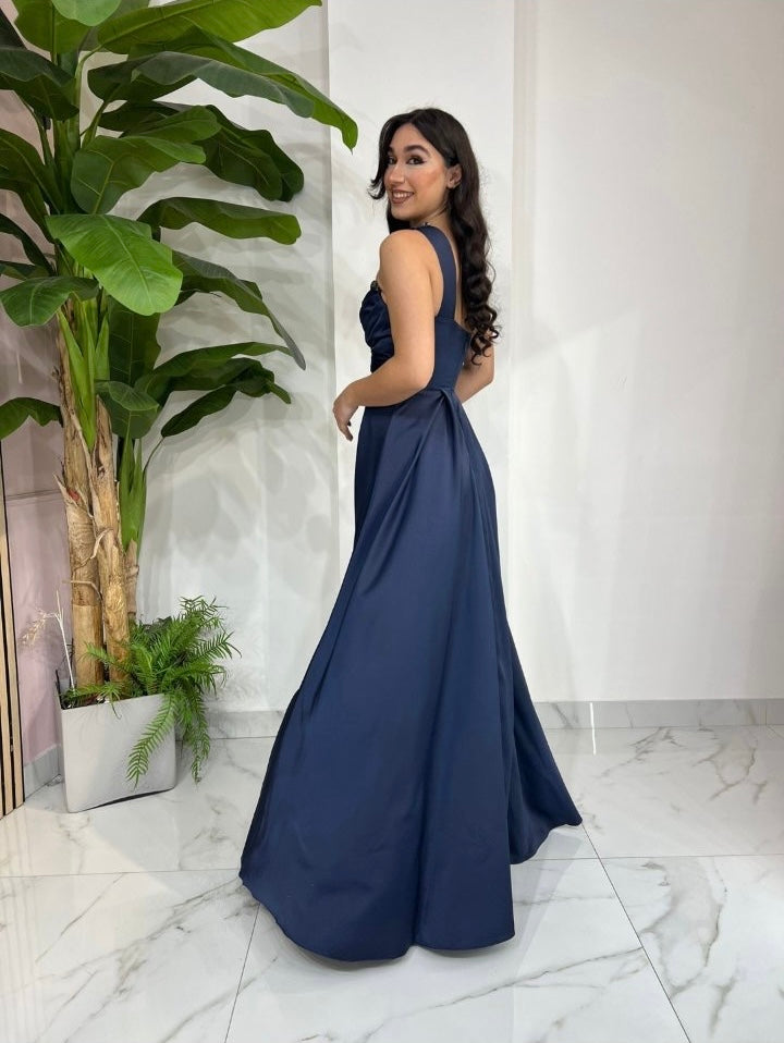 Navy Blue Aurora One Shoulder Satin Dress