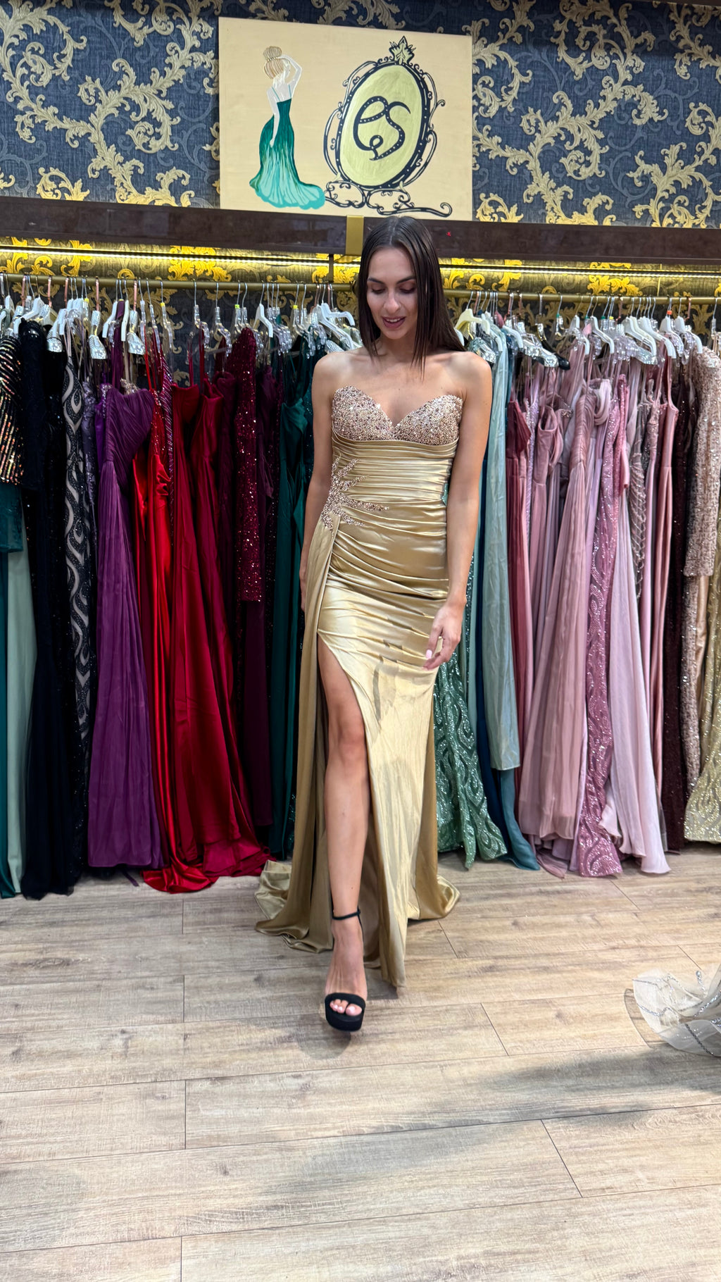 Gold Bianca Embellished Satin Dress