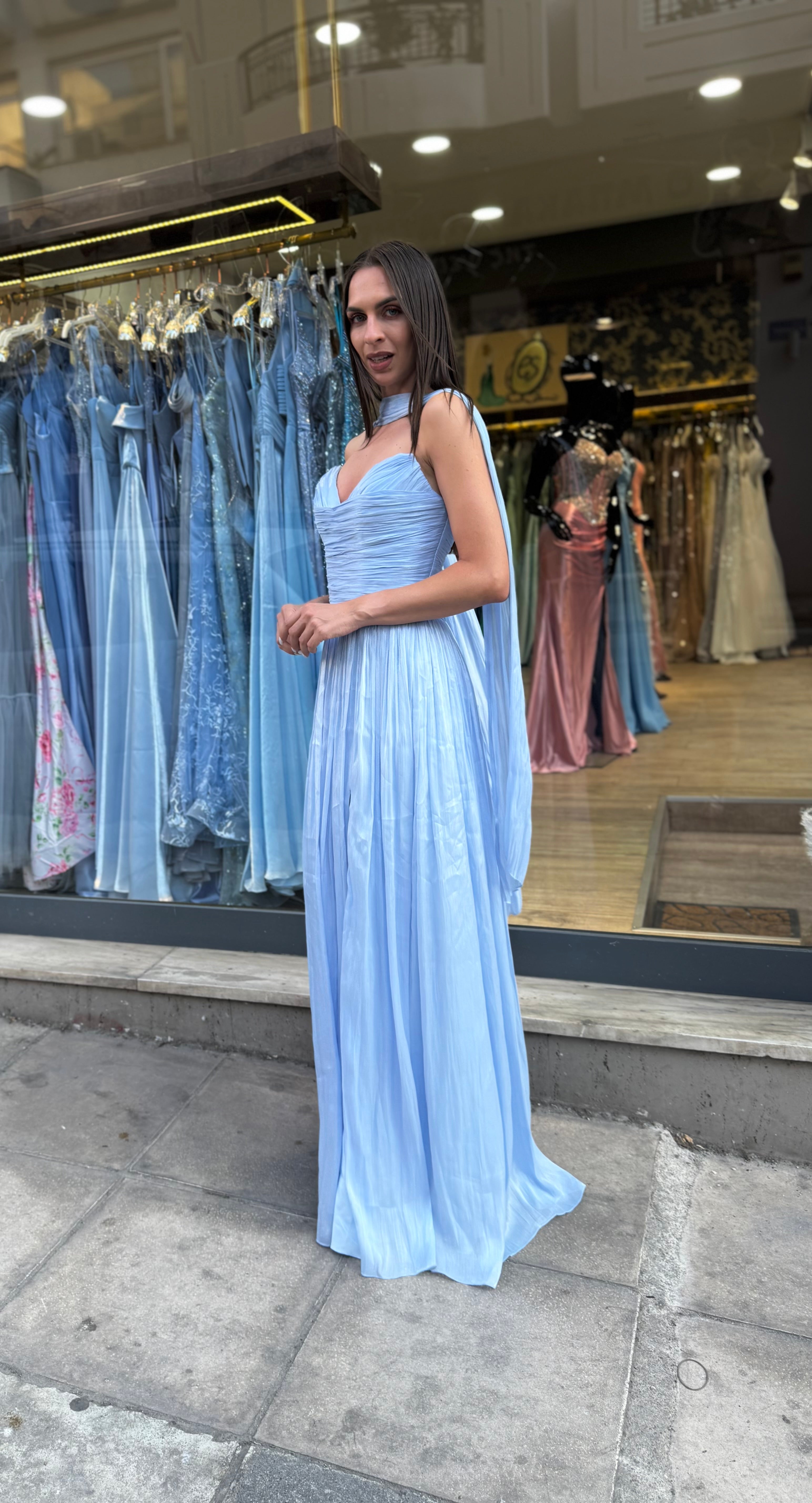 Blue Valentina Pleated Maxi Dress