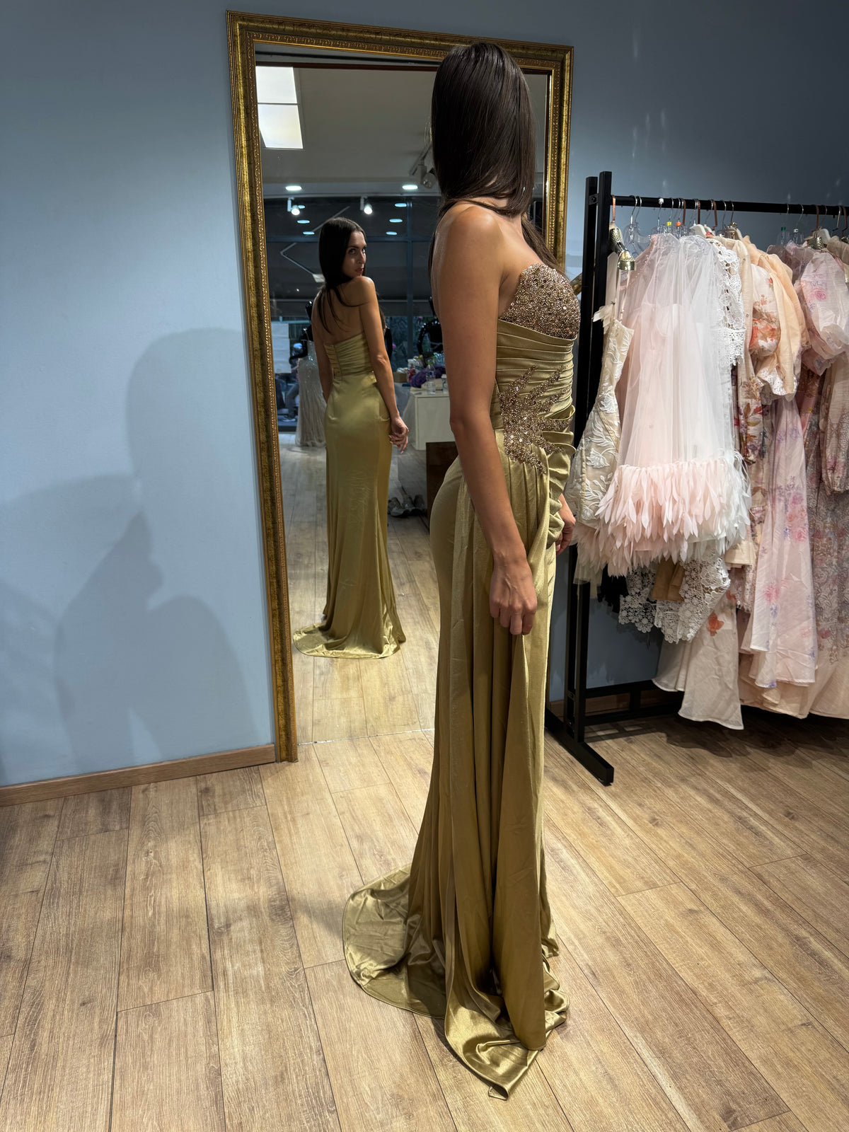 Gold Bianca Embellished Satin Dress