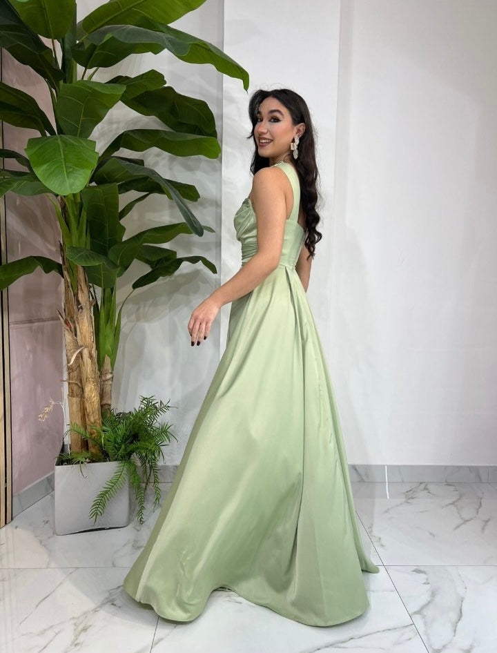 Mint Aurora One Shoulder Satin Dress