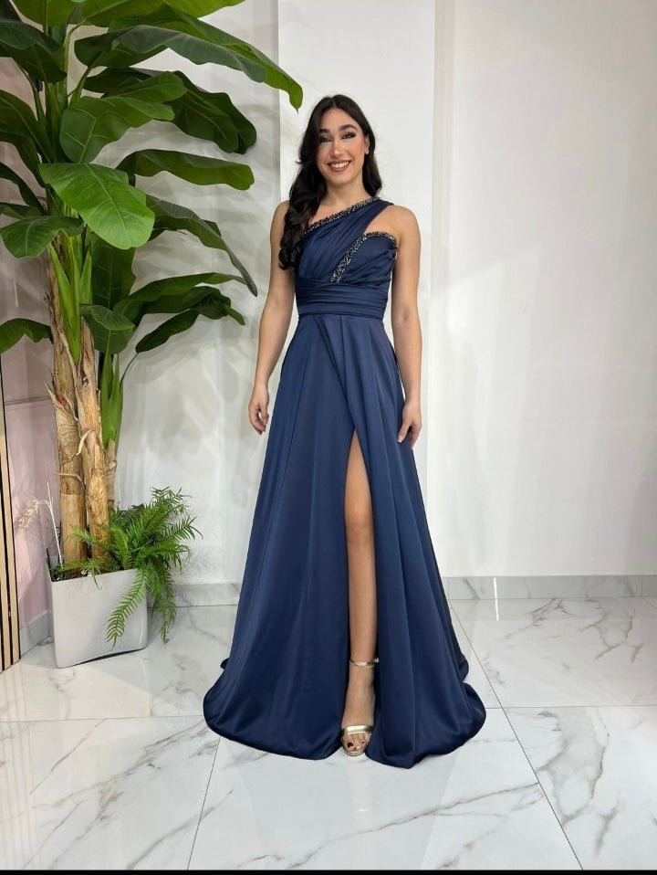Navy Blue Aurora One Shoulder Satin Dress