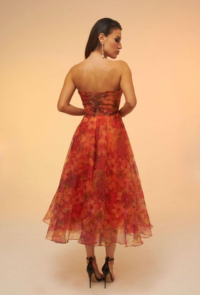 Orange Fiorella Floral Corset Dress