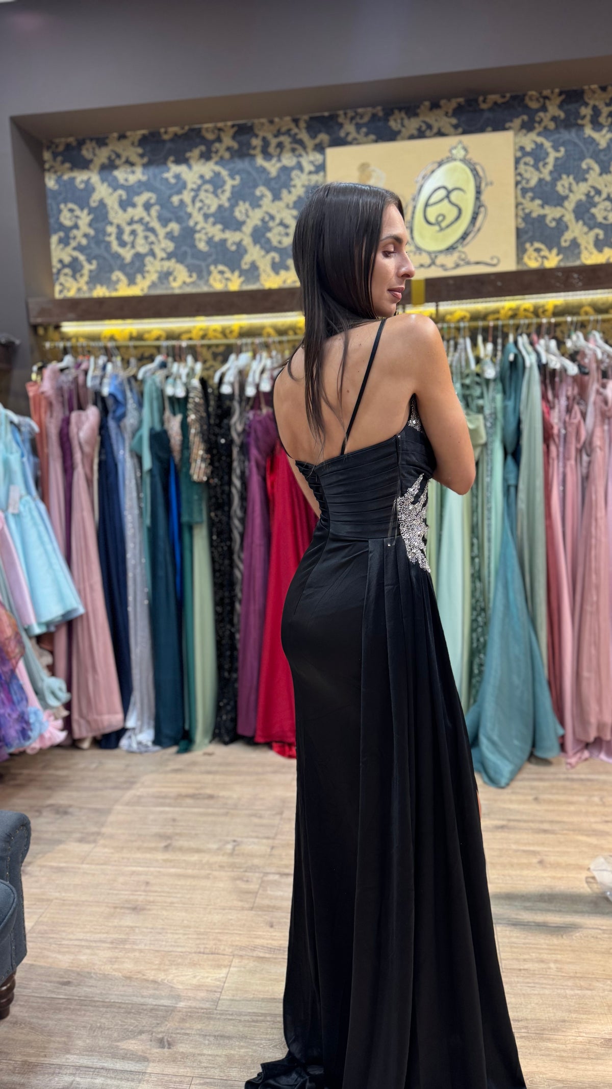 Black Bianca Embellished Satin Dress
