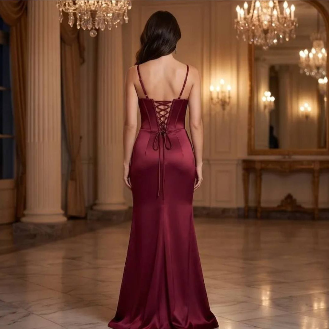 Burgundy Crystal Corset Maxi Dress
