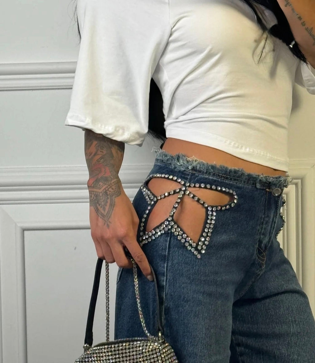 Butterfly Rinestone Wide Leg Jeans