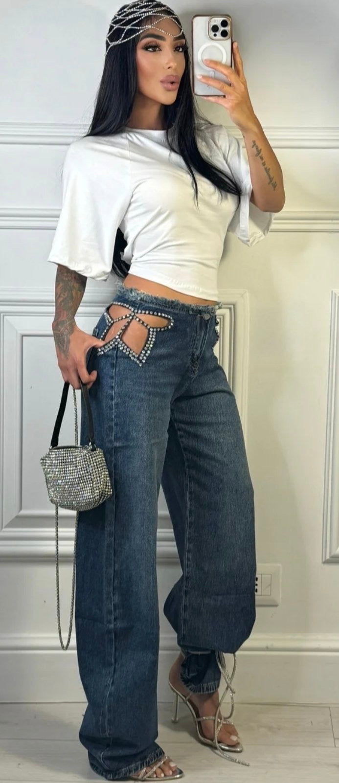 Butterfly Rinestone Wide Leg Jeans