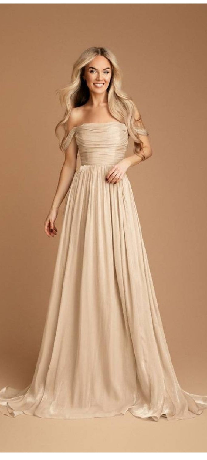 Evelina-Εκρού  Maxi Off Shoulder Επίσημο Φόρεμα