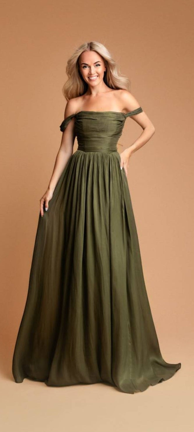 Evelina-Ελιά Maxi Off Shoulder Επίσημο Φόρεμα