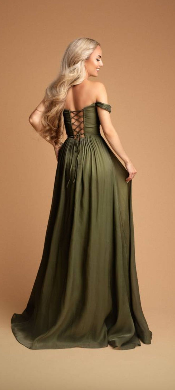 Evelina-Ελιά Maxi Off Shoulder Επίσημο Φόρεμα