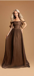 Evelina-Καφέ Maxi Off Shoulder Επίσημο Φόρεμα