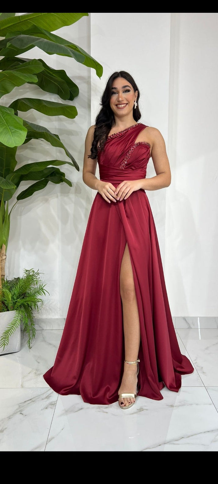 Red Aurora One Shoulder Satin Dress
