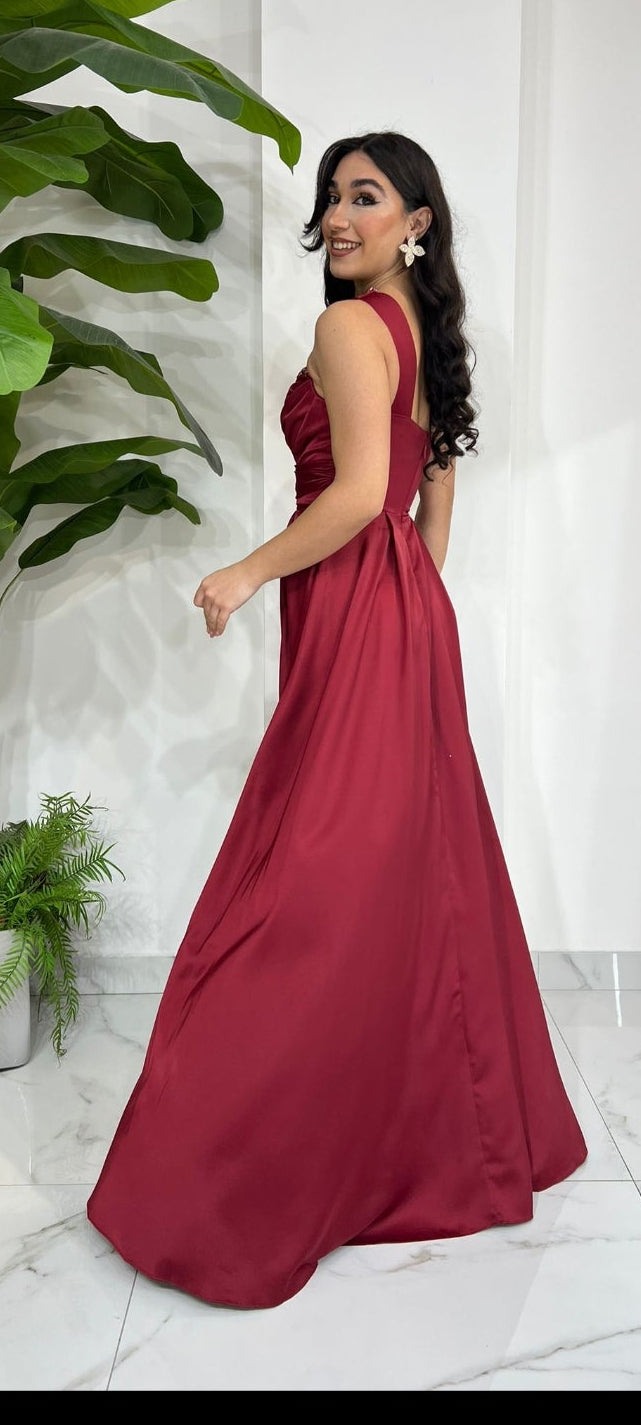 Red Aurora One Shoulder Satin Dress