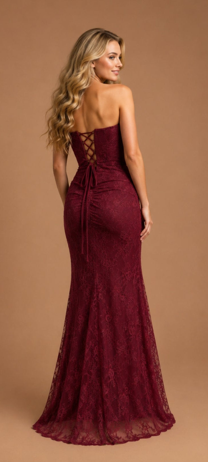 Allure Burgundy Lace Evening Gown
