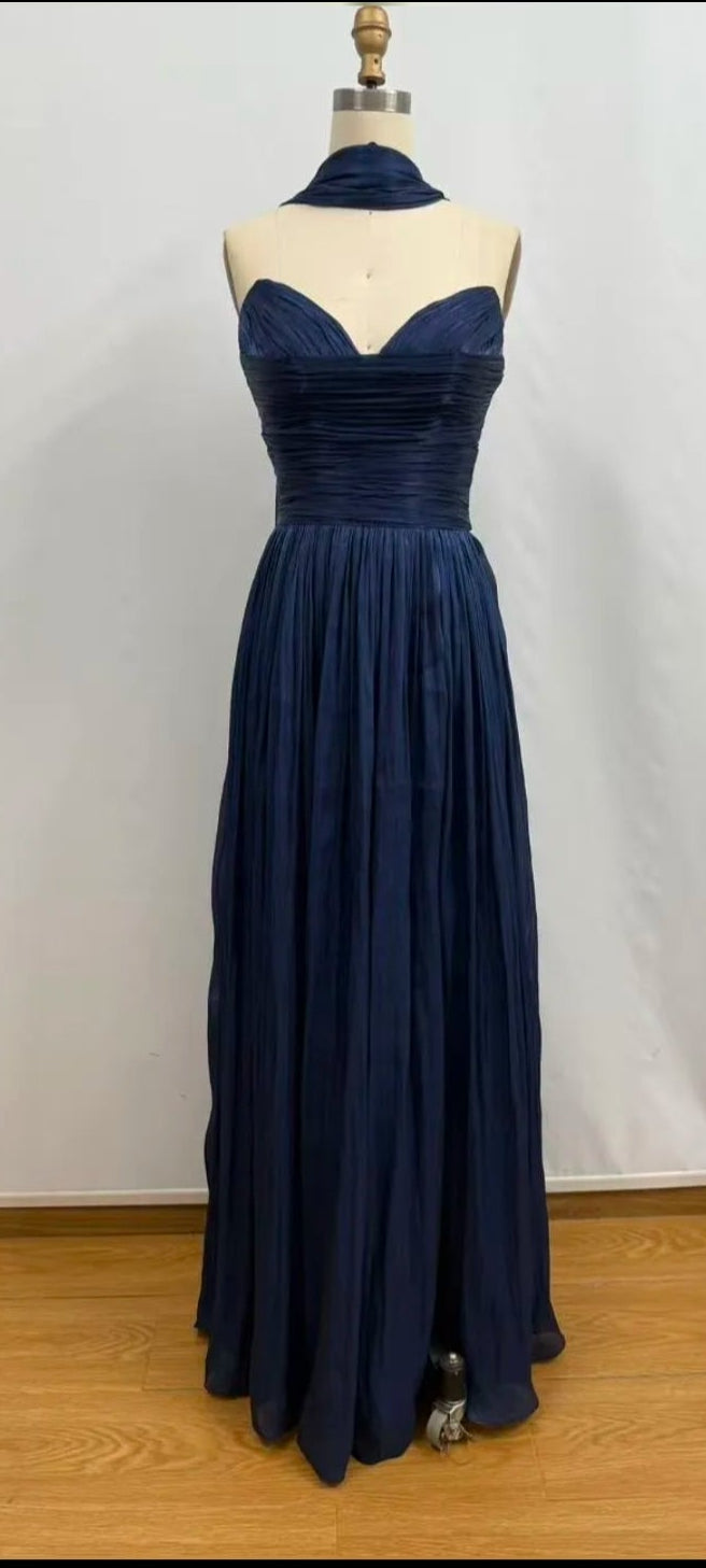 Navy Blue Valentina Pleated Maxi Dress