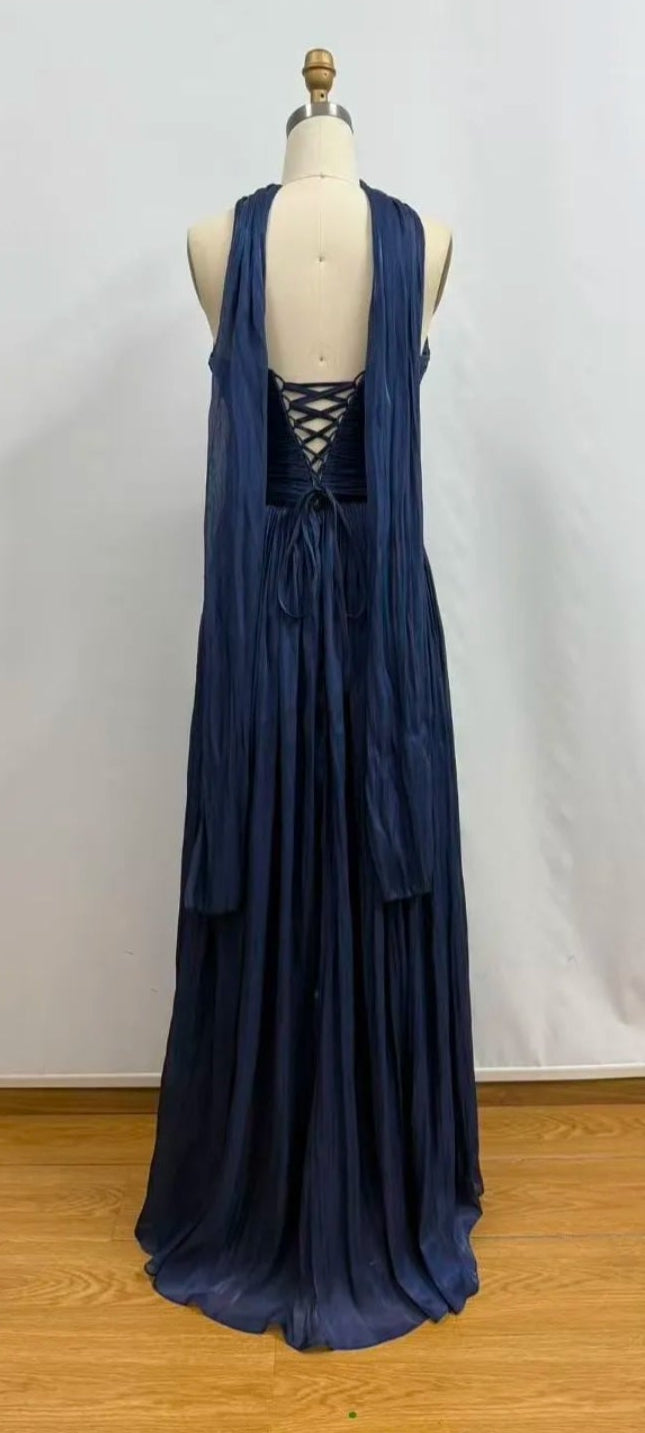 Navy Blue Valentina Pleated Maxi Dress