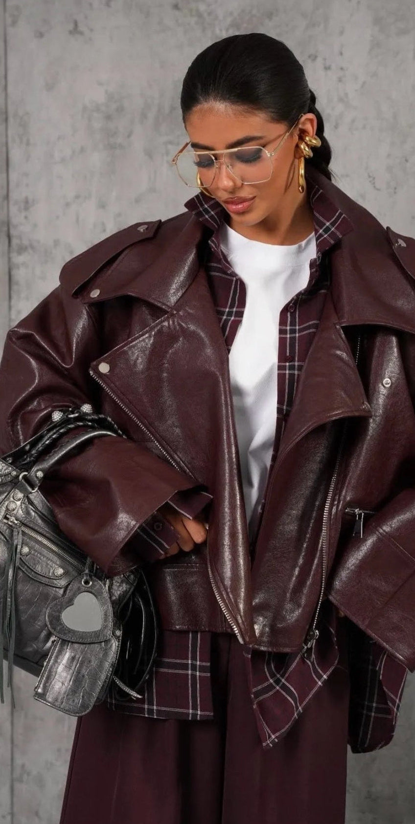 Burgundy Icon Oversized Leather Biker Jacket “Aurelia”