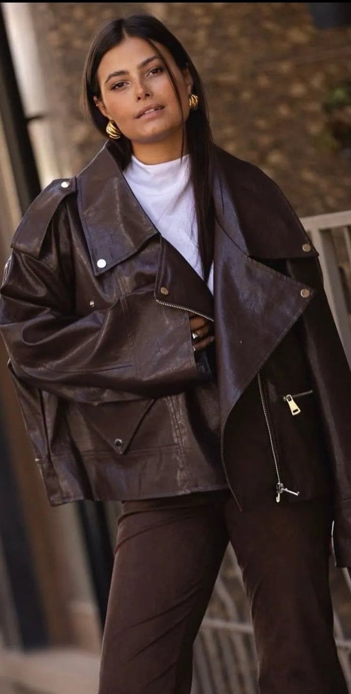 Burgundy Icon Oversized Leather Biker Jacket “Aurelia”