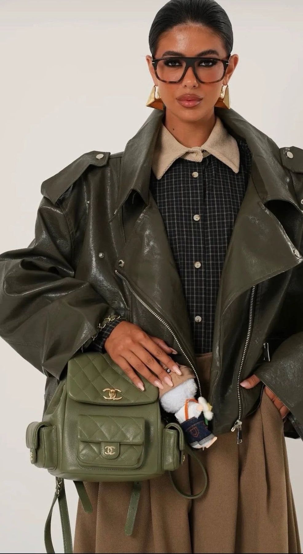 Khaki Icon Oversized Leather Biker Jacket “Aurelia”