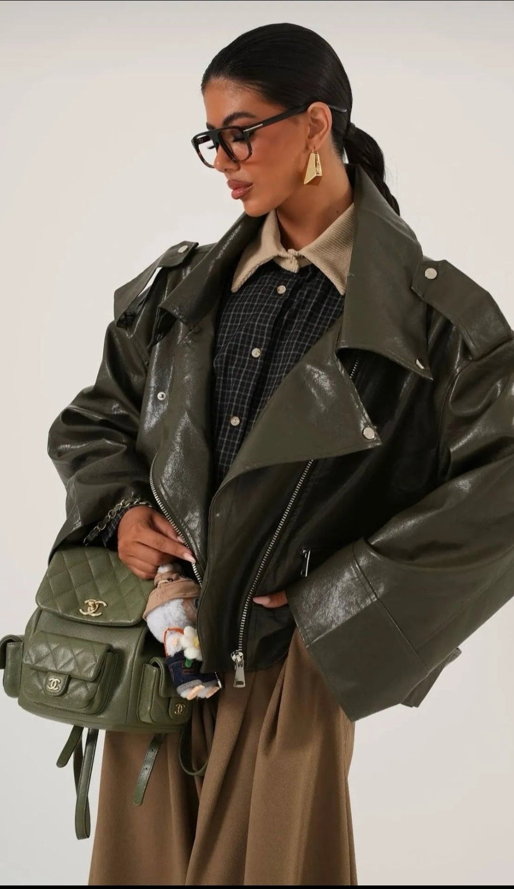 Khaki Icon Oversized Leather Biker Jacket “Aurelia”