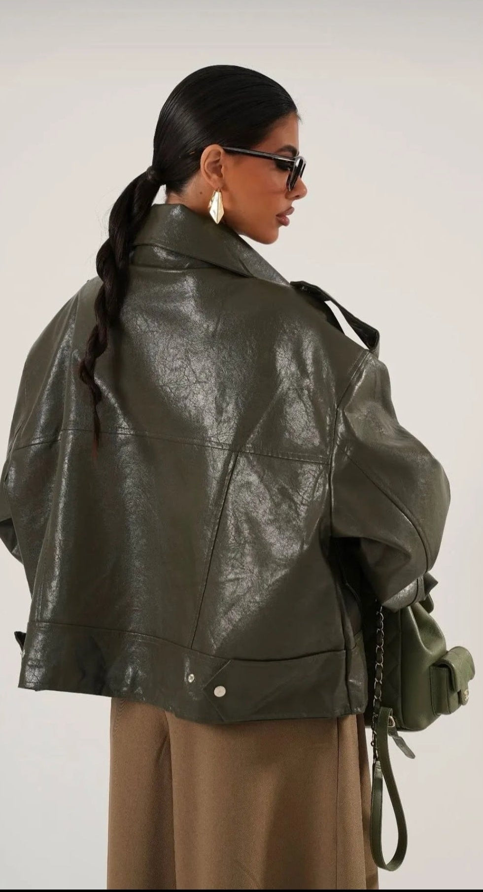 Khaki Icon Oversized Leather Biker Jacket “Aurelia”