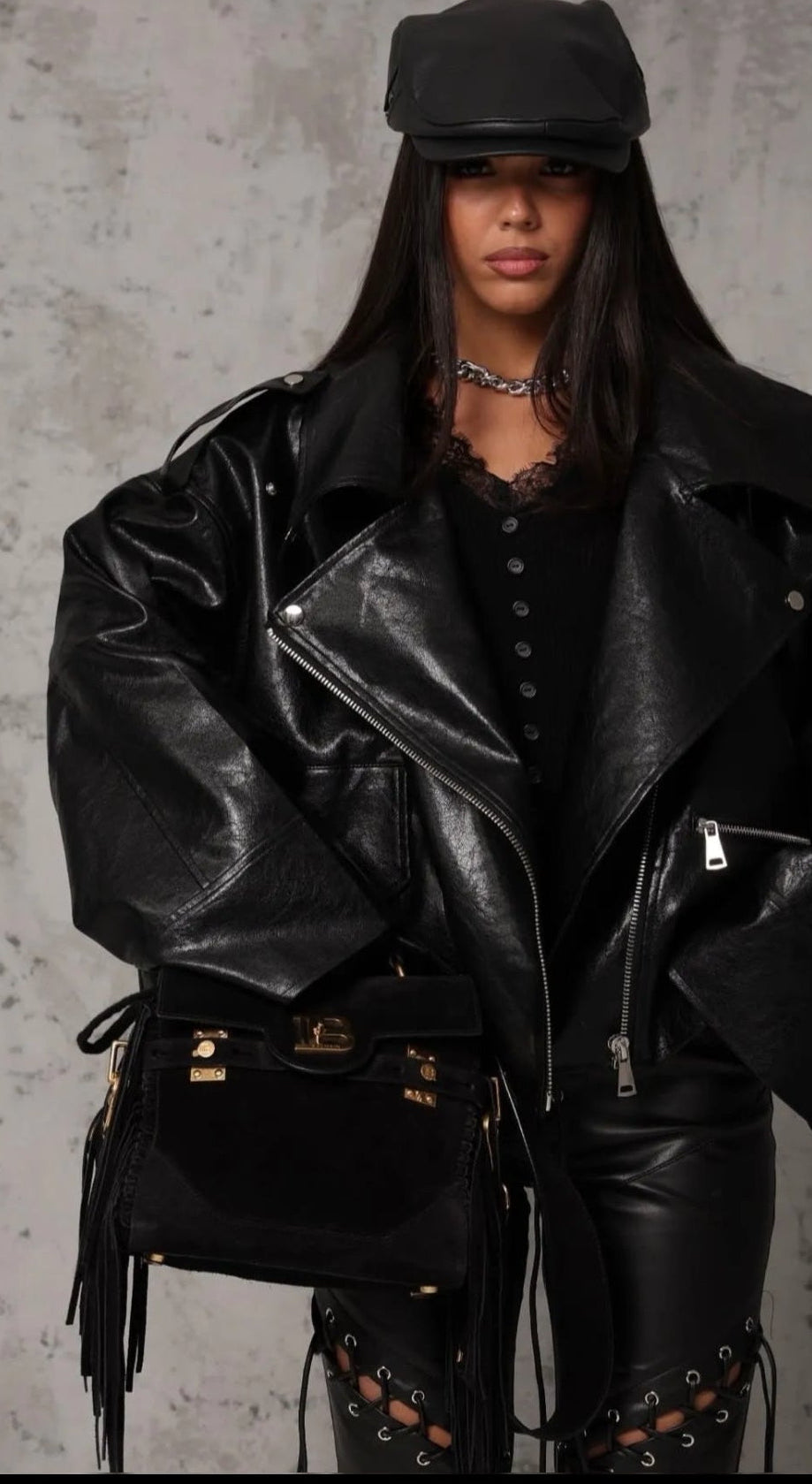 Black Icon Oversized Leather Biker Jacket “Aurelia”